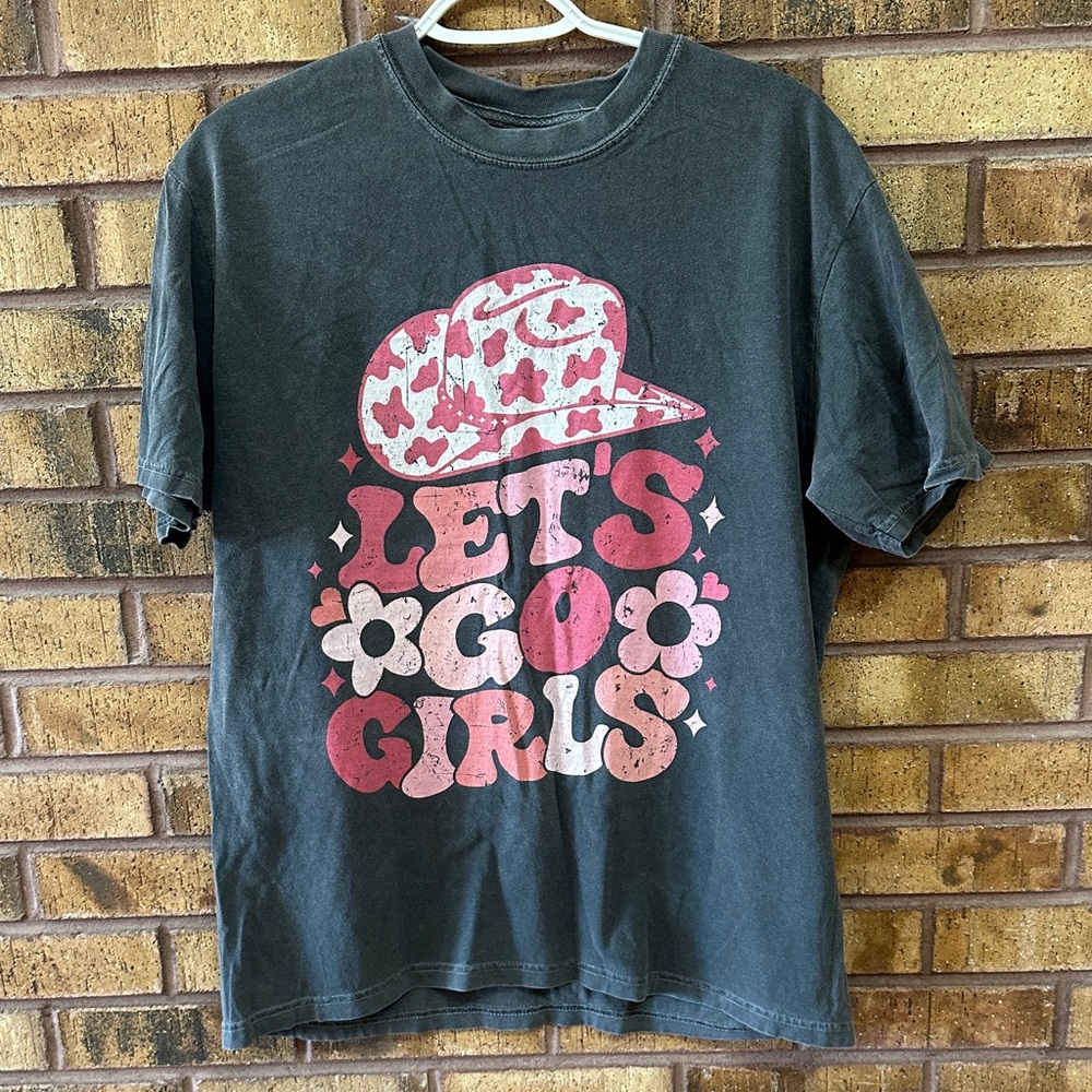 Comfort Colors Charcoal Tee with Pink Retro 'LET'S GO GIRLS' Graphic